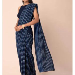 Navy Geo Pre-Stitched Ready to Wear Saree and Blouse, Size M, NWT